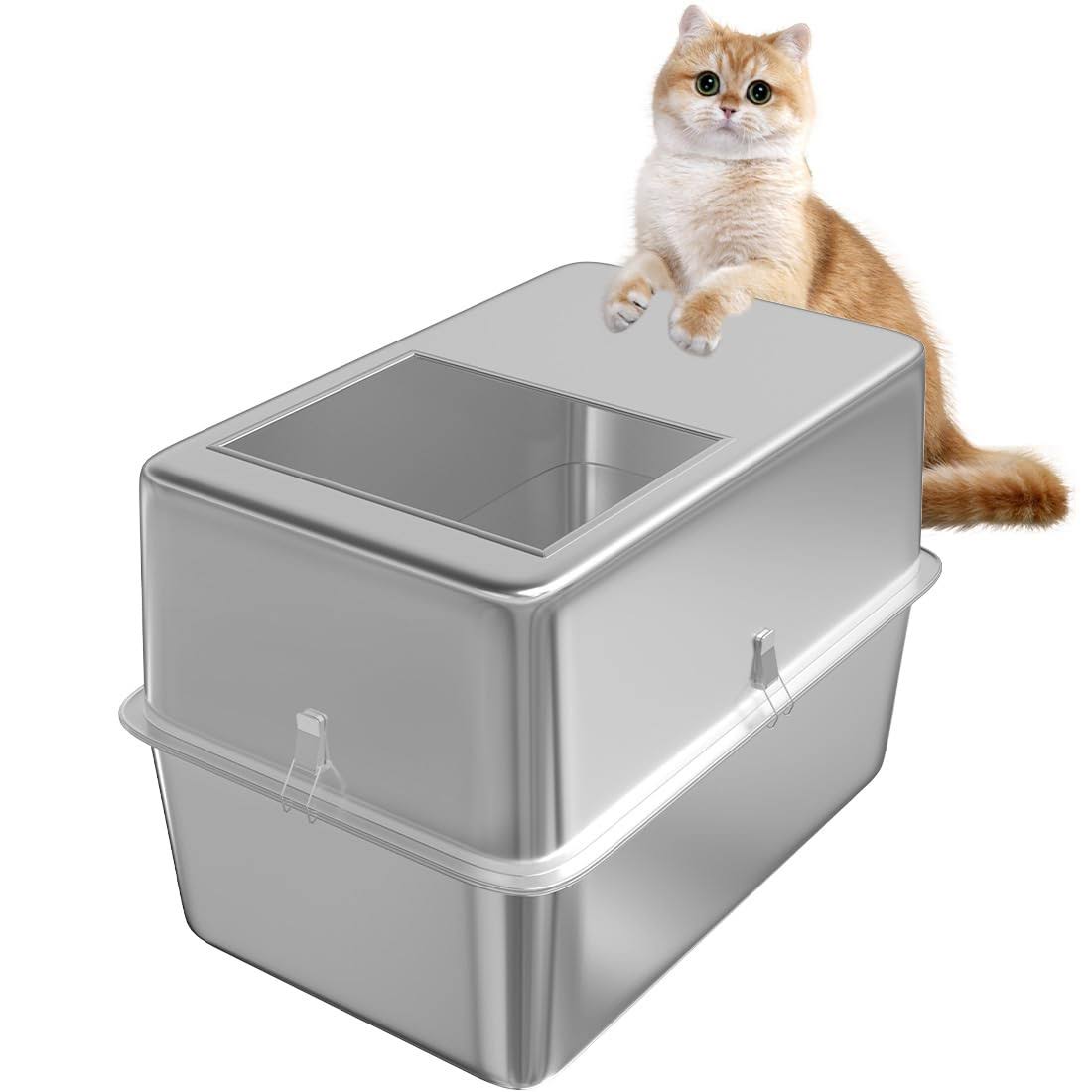 THEYFIRST Stainless Steel Litter Box with Lid Cat Litter