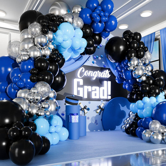 ALL-IN-1 Blue and Black balloons Arch Kit & Garland – Small and Large Silver Black and Blue balloons – Light, Navy, Royal Blue and Black Party